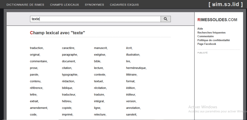 Image affichant le champ lexical du mot-clé principal "texte" avec l'outil gratuit rimessolides.