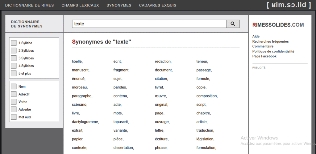 Image présentant les synonymes du mot-clé principal "texte" avec l'outil gratuit rimessolides.