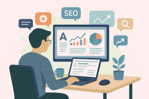 Image montrant un créateur de contenu optimisé SEO en train de faire la création de contenu optimisé SEO