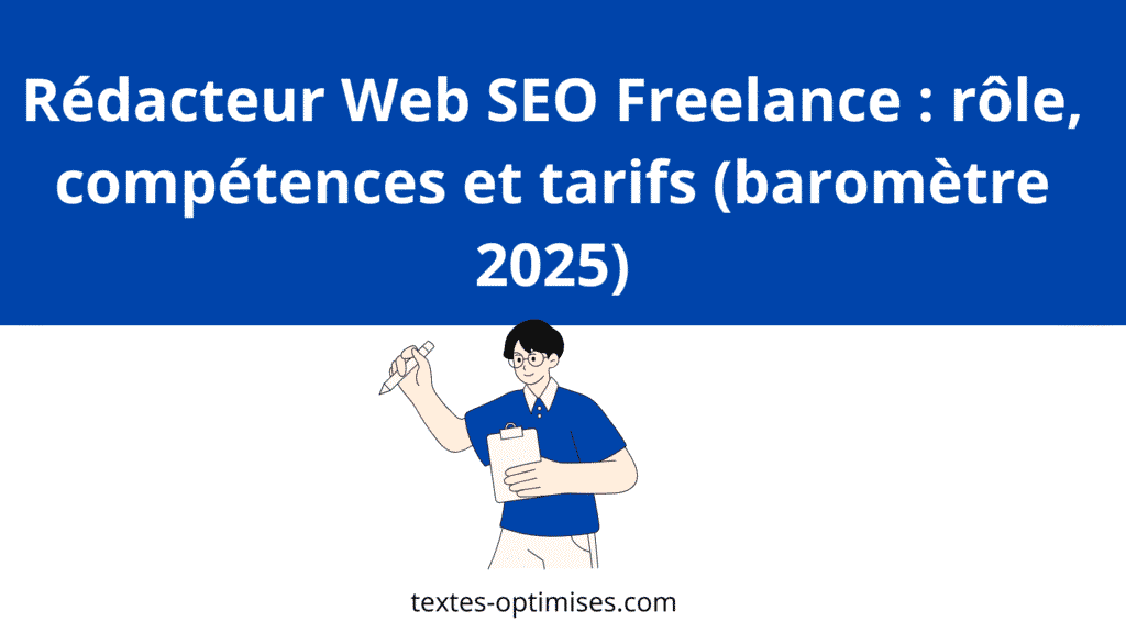 Affiche montrant le titre de l'article de blog : Rédacteur Web SEO Freelance : rôle, compétences et tarifs (baromètre 2025)
